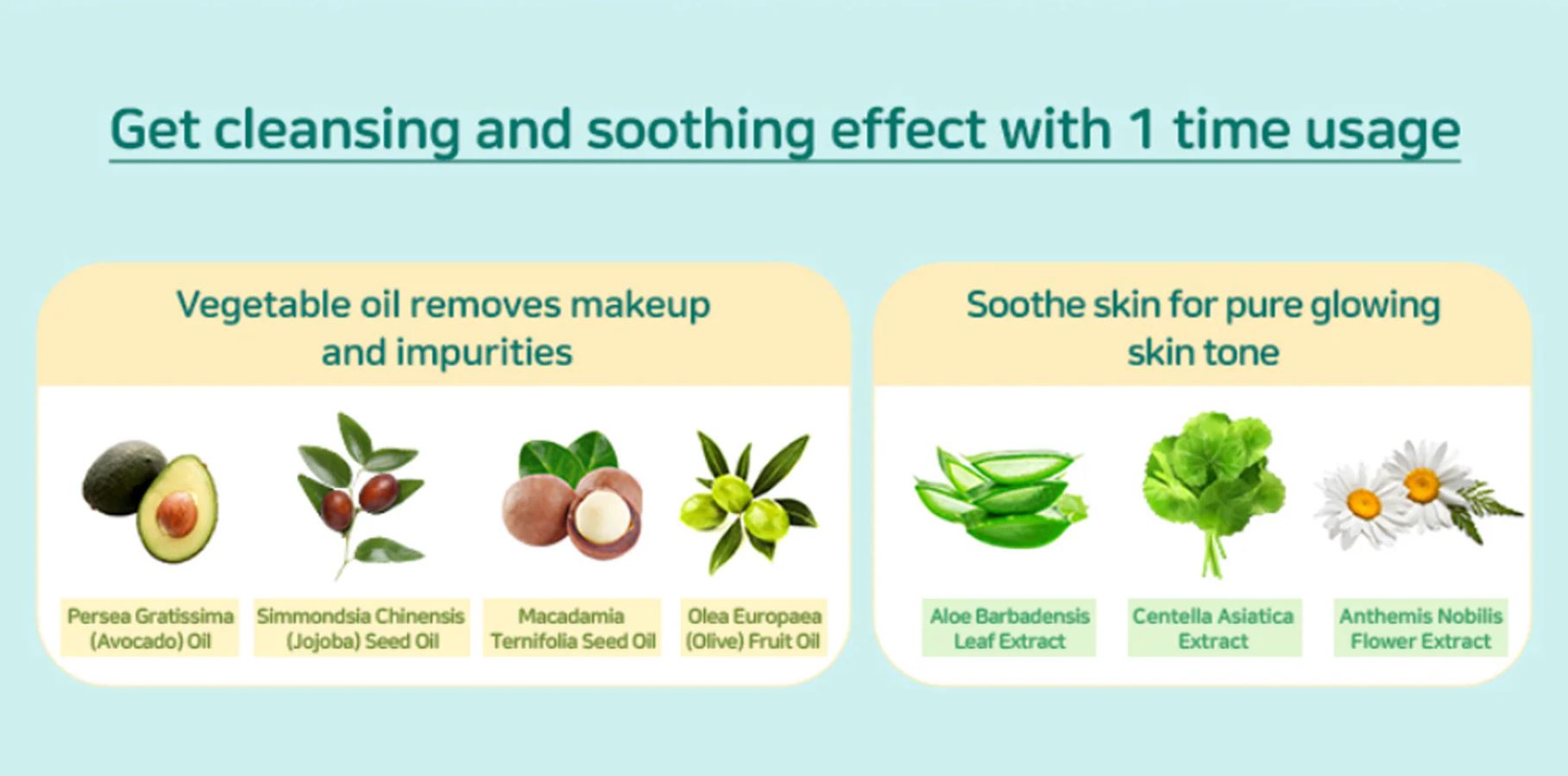 BUVLEY Pure Oil Cleansing Balm ingredients showing avocado oil, jojoba seed oil, macadamia seed oil, olive fruit oil, aloe vera extract, centella asiatica extract, and chamomile flower extract. BUVLEY Pure Oil Cleansing Balm ingredients showing avocado oil, jojoba seed oil, macadamia seed oil, olive fruit oil, aloe vera extract, centella asiatica extract, and chamomile flower extract.