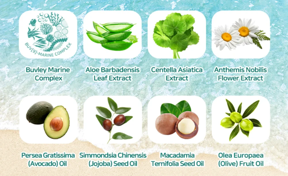 BUVLEY Pure Oil Cleansing Balm main ingredients including Buvley Marine Complex, Aloe, Centella Asiatica, Chamomile, Avocado, Jojoba, Macadamia, and Olive oils. BUVLEY Pure Oil Cleansing Balm main ingredients including Buvley Marine Complex, Aloe, Centella Asiatica, Chamomile, Avocado, Jojoba, Macadamia, and Olive oils.