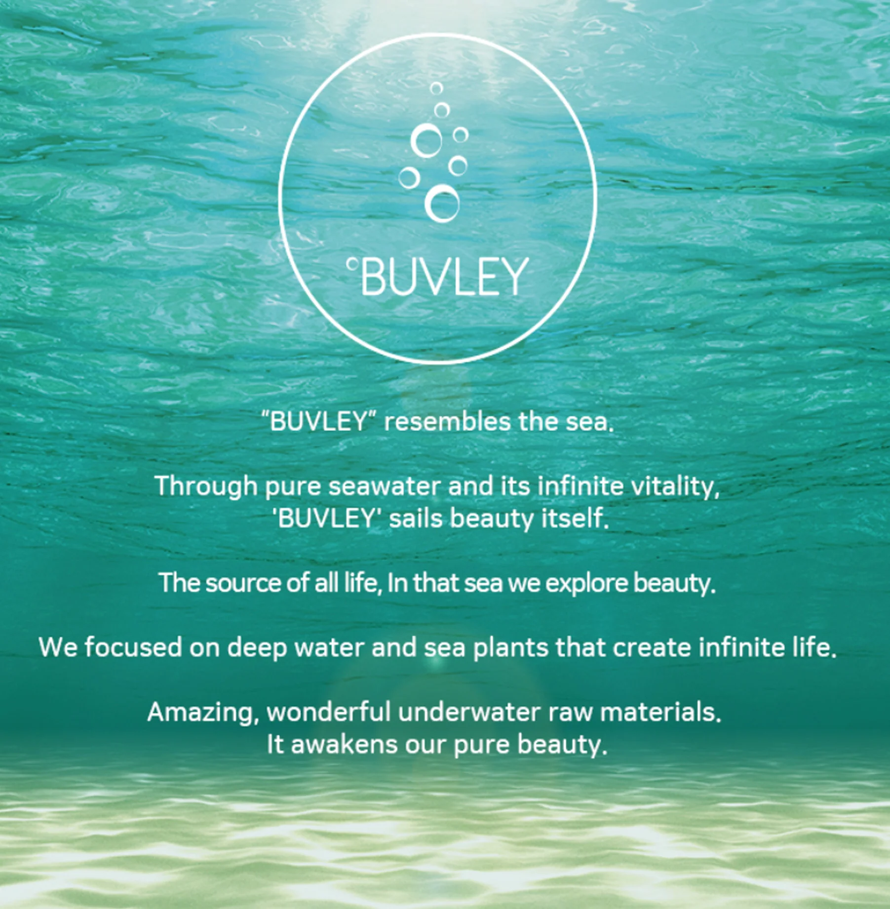BUVLEY brand identity concept with ocean background, highlighting pure seawater and marine vitality BUVLEY brand identity concept with ocean background, highlighting pure seawater and marine vitality
