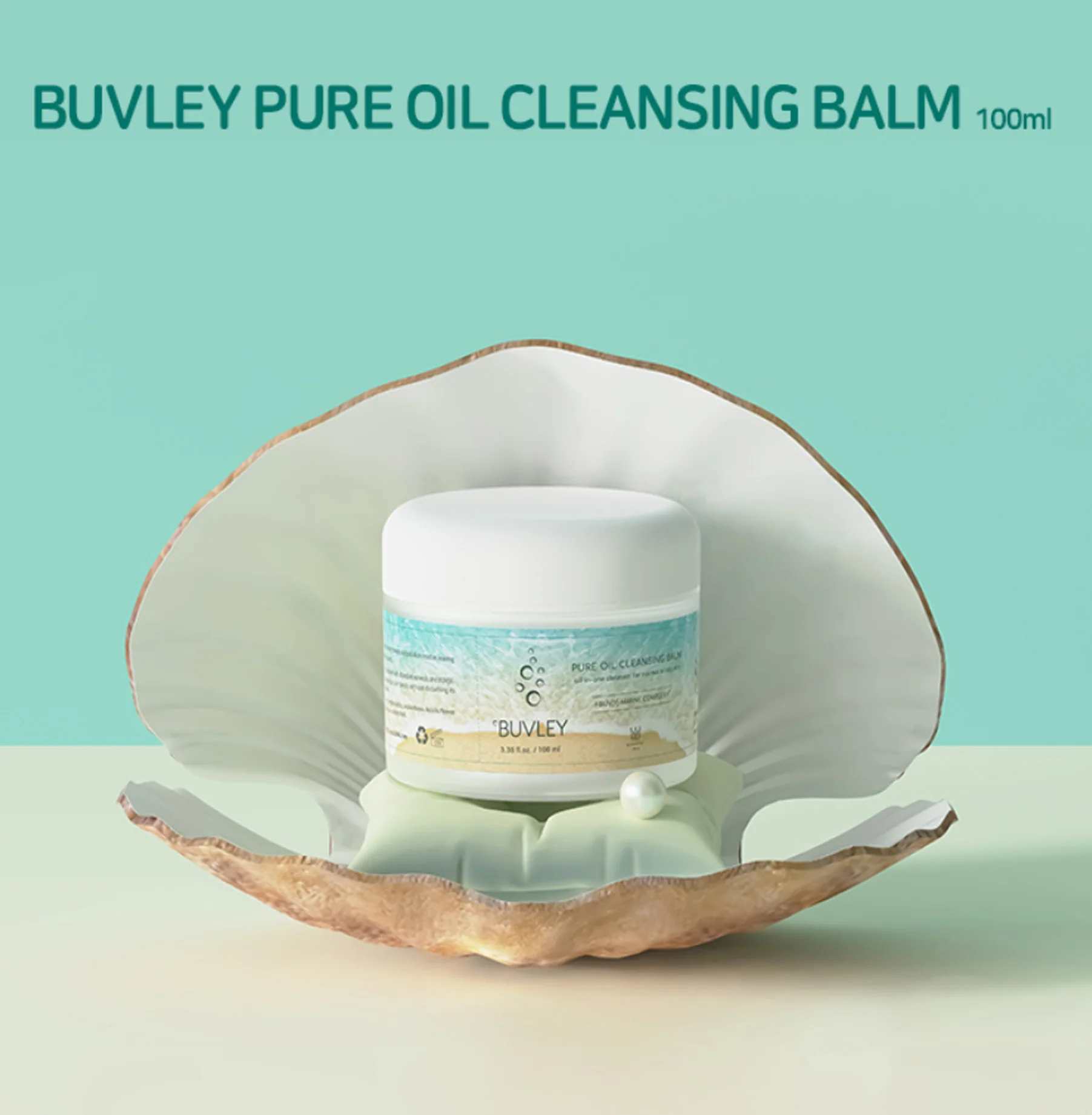 BUVLEY Pure Oil Cleansing Balm 100ml displayed inside an open seashell, highlighting its vegan and marine-based skincare formula. BUVLEY Pure Oil Cleansing Balm 100ml displayed inside an open seashell, highlighting its vegan and marine-based skincare formula.