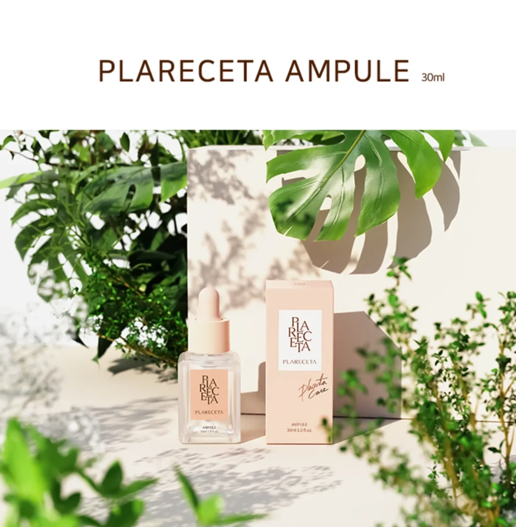 PLARECETA Ampoule 30ml product shot with box, displayed in a natural setting with green plants
