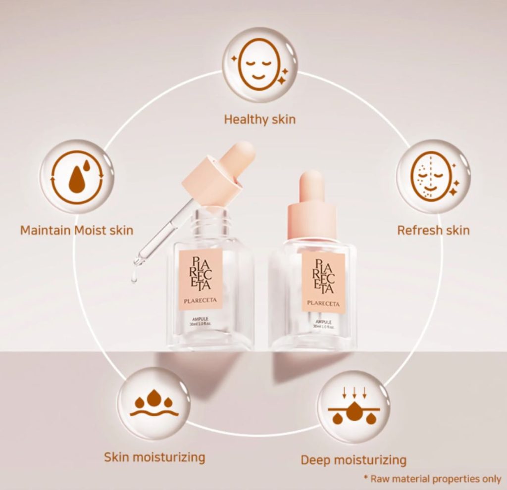 PLARECETA Ampoule with moisturizing and skin-refreshing benefits, featuring healthy skin, hydration, and deep moisture care