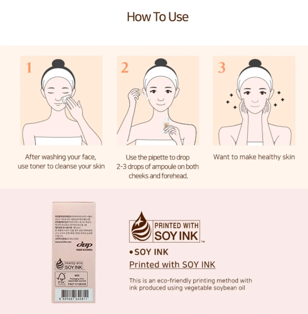 Illustration of how to use PLARECETA Ampoule step by step – apply toner, drop ampoule with pipette, and gently massage for healthy skin.