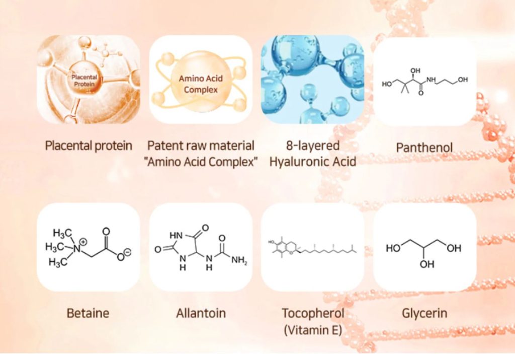 PLARECETA Ampoule key ingredients including Placental Protein, Amino Acid Complex, 8-layer Hyaluronic Acid, Panthenol, Betaine, Allantoin, Tocopherol (Vitamin E), and Glycerin.