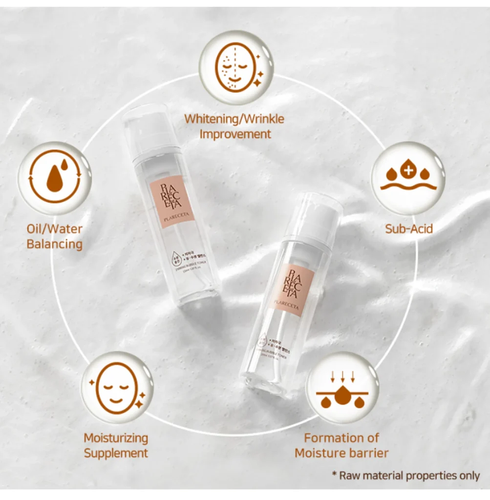 PLARECETA Firming Bubble Toner – Key benefits include whitening, wrinkle improvement, oil/water balancing, sub-acid formula, moisturizing supplement, and formation of moisture barrier