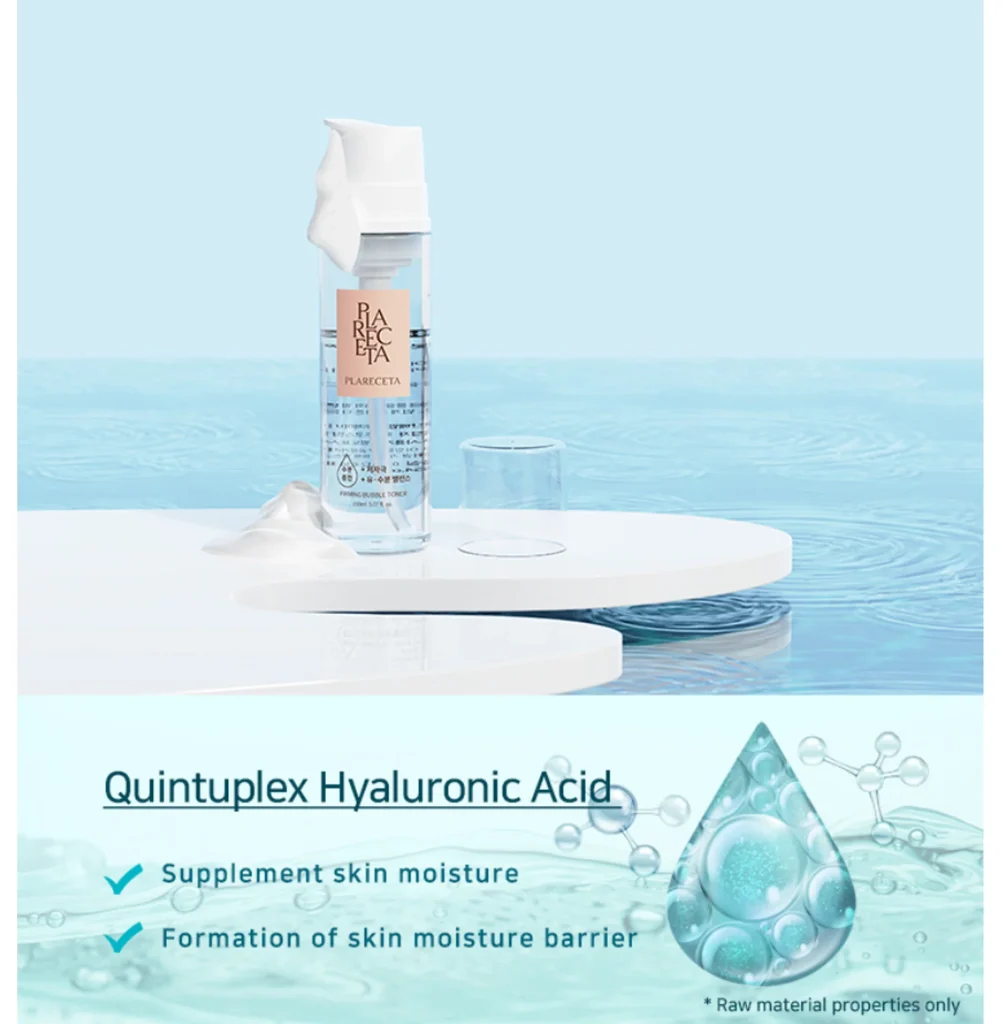 PLARECETA Firming Bubble Toner with Quintuplex Hyaluronic Acid for deep hydration and skin moisture barrier formation