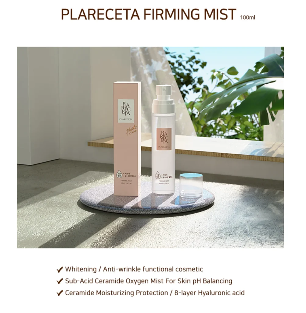 Plareceta Firming Mist 100ml with ceramide protection and 8-layer hyaluronic acid for skin hydration and pH balance